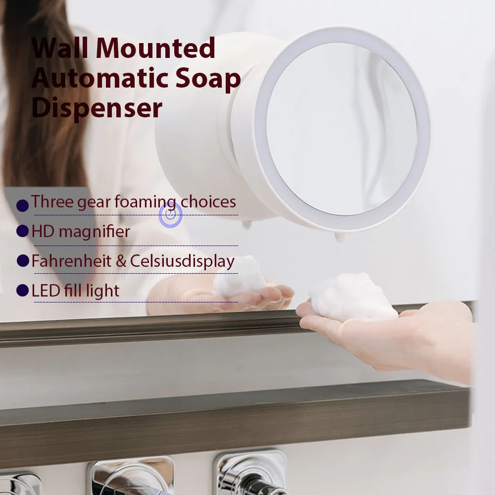 Jianshu Automatic Liquid Soap Dispener Kitchen Wall Soap Dispenser Temperature Display Amplify Mirror LED Light  Smart Bathroom