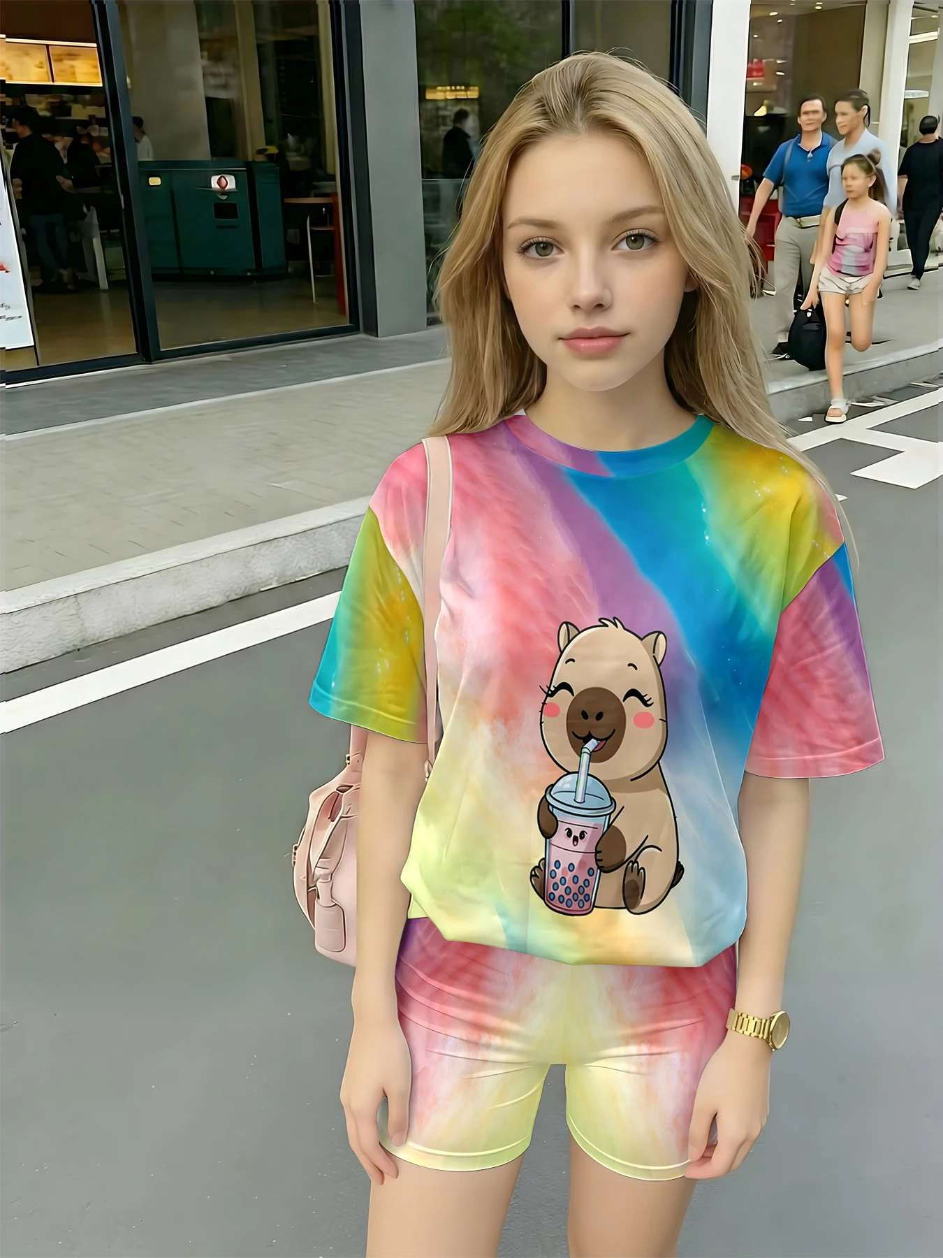 Children's tie dye water dolphin bubble tea printed casual 2-piece set T-shirt and shorts suitable for birthday gifts