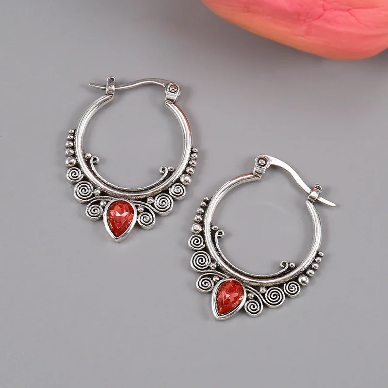 Pendientes de plata de aguja para mujer, aretes de aro de piedra roja, bohemios, joyería de fiesta de compromiso, 925