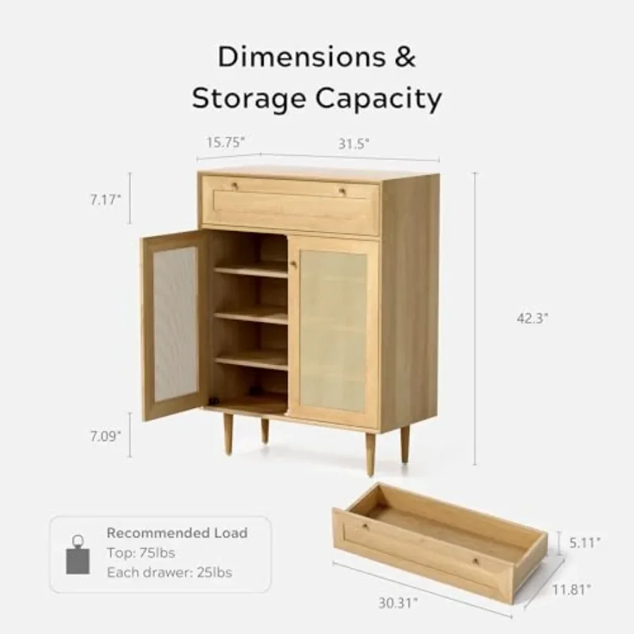 Farmhouse entryway shoe cabinet: natural oak rattan storage with 2 doors, adjustable shelves, tall organizer fitting 13 shoes