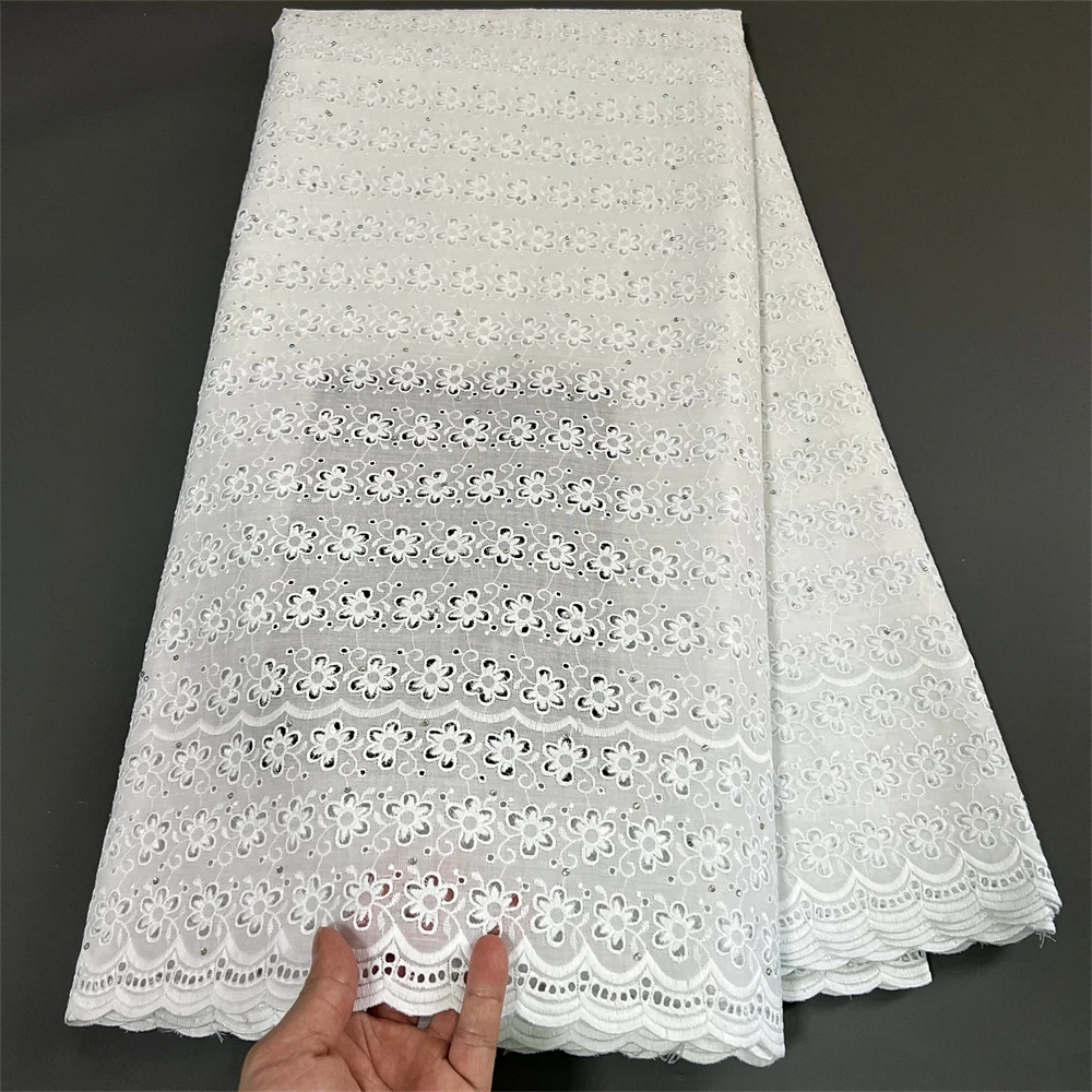 

African Swiss Voile Lace High Quality Fabrics With Crystal 2023 Nigeria Cotton Lace Fabric 5 Yards For Prom Dresses HZ1214