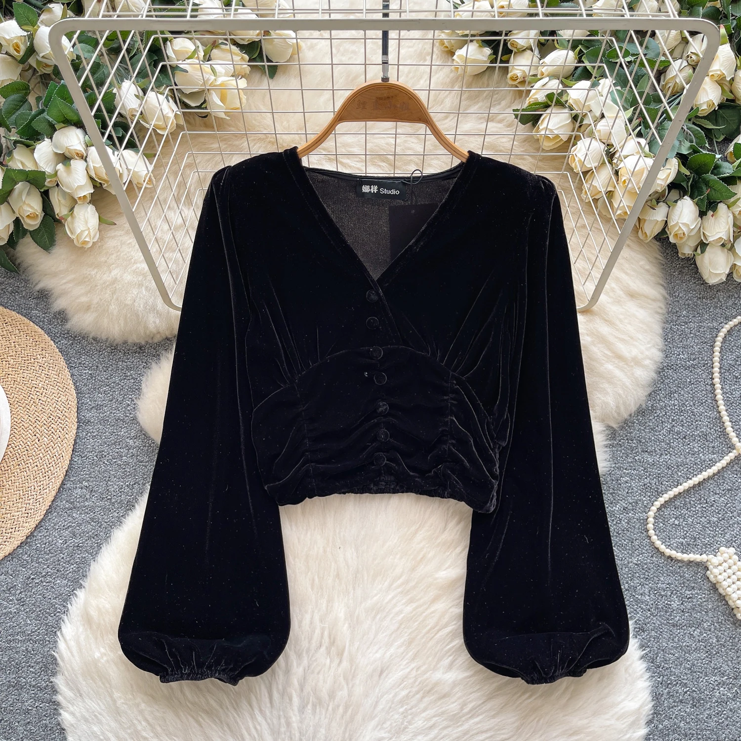 섹시한 긴 소매 랜턴 슬리브 벨루어 슬림 탱크 탑, 시크한 여성 파티 탑, Y2K 하이 스트리트 여성 의류