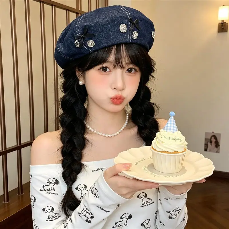 Blue Denim Beret Hat Glitter Rhinestone Bow Decor Face Slimming Soft Cap for Women Weekend Outings