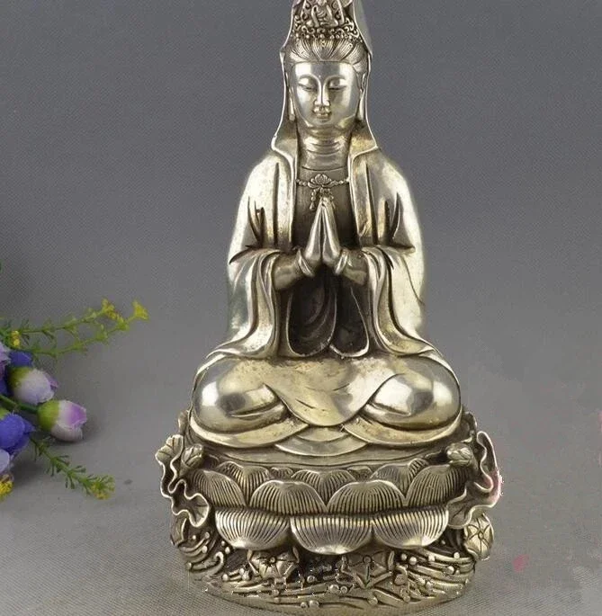 China Collection Archaize White Copper Lotus Guanyin Bodhisattva Buddha Statue