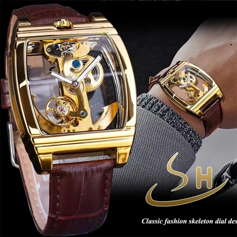 

[Automatic Mechanical Hollow Watch] Men's Watch Retro Hollow Watch - Stainless Steel Case, Leather Strap, Barrel-Shaped Transparent Dial, Hollow Design, Automatic Mechanical Movement, Gift Choice Brand Watch, No Battery Required