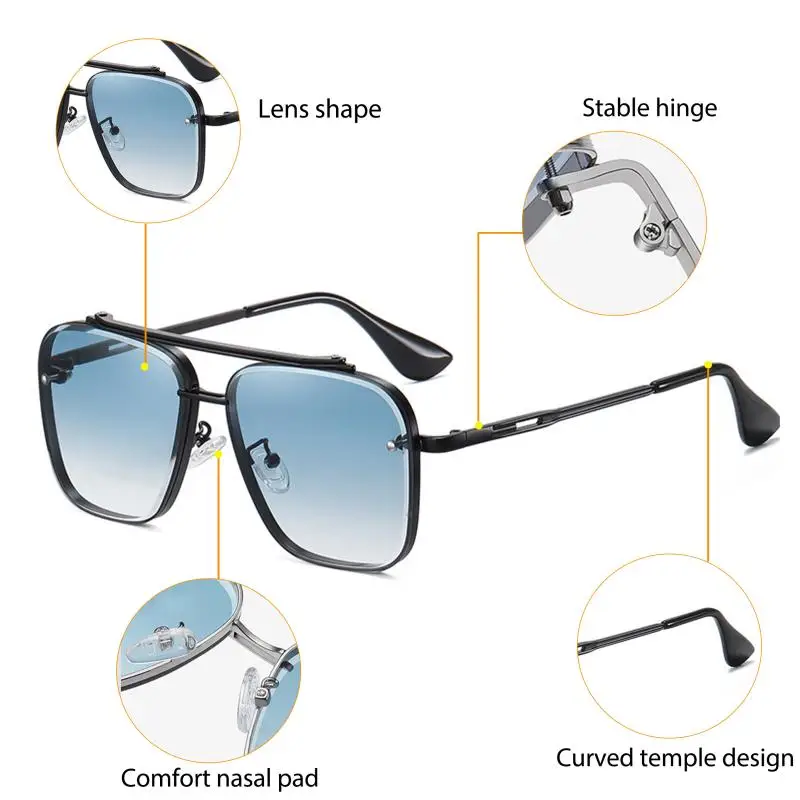 CATERSIDE Retro-Sonnenbrille mit großem Metallrahmen für Herren, flache Oberseite, Doppelbrücke, hochwertige Sonnenbrille für Damen, Party- und Festival-Brillen – Detail 5