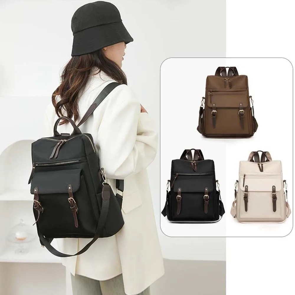 

Elegant Soft Nylon Backpack Multi-pockets Korean Style Anti-theft Design Backpack Multi-purpose Solid Color