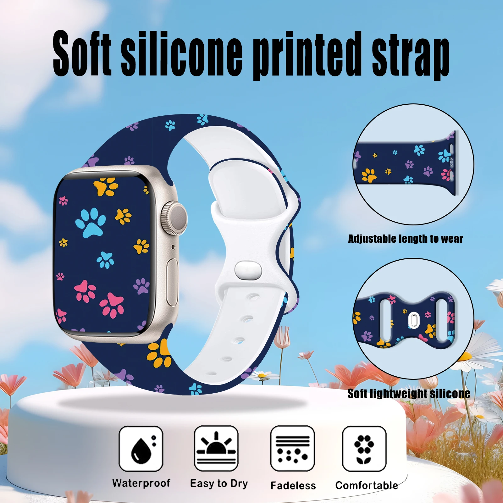 Bracelet en silicone imprimé patte pour Apple Watch, bracelet de rédivision, bracelet de montre, iWatch 10, 9, 8, 7, SE, 49mm, 46mm, 44mm, 42mm, 41mm