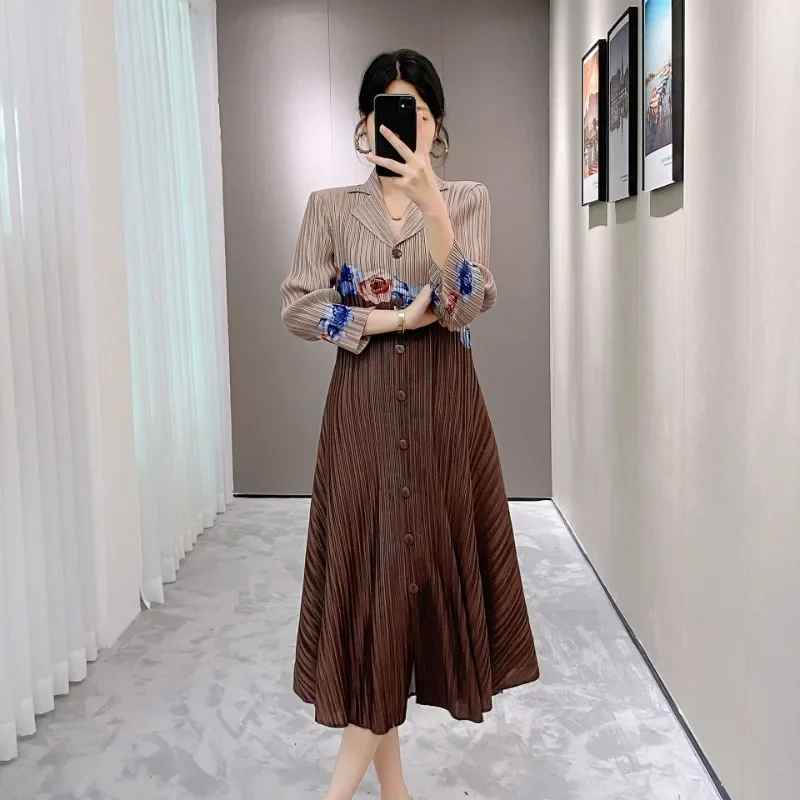 Miyake Dress French Haute Sense of Pleated Suit Collar Printed Nine-minute Sleeve Temperament Retro Splicing Foreign Dresses