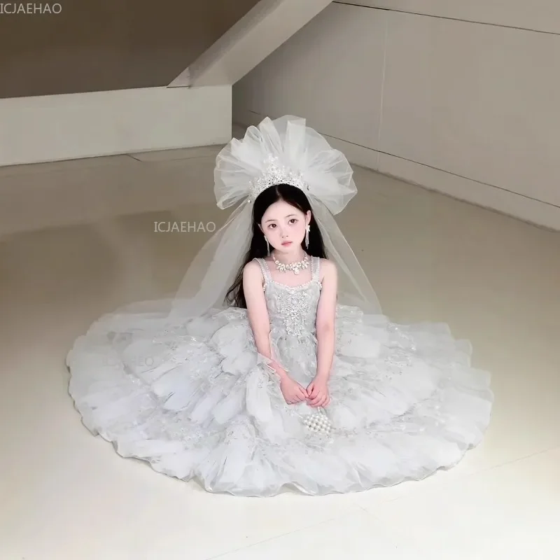 Kids Girls Birthday Princess Puffy Dress Flower Girl Children GownShow Long Party Dresses for Piano Performance Pageant Fashion