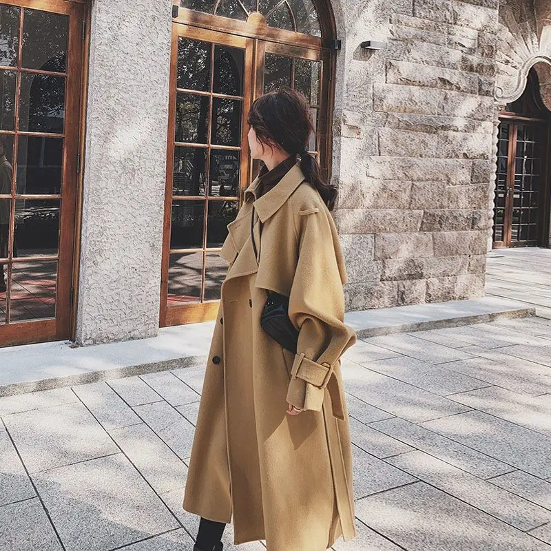 Double-Sided Velvet Woolen Coat Women's Fashion Slimming Outerwear Hepburn Style Long Sleeve V-Neck Commute Style Pure Color