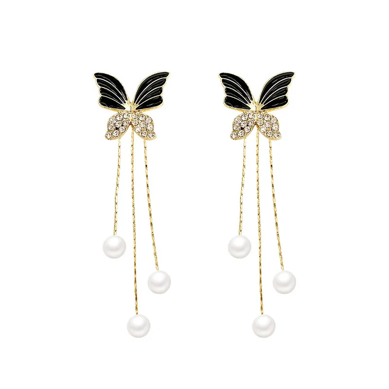 Pendientes de mariposa con incrustaciones de circonita para mujer, cristal negro, color plateado, personalidad de moda, joyería de boda, regalos de cumpleaños