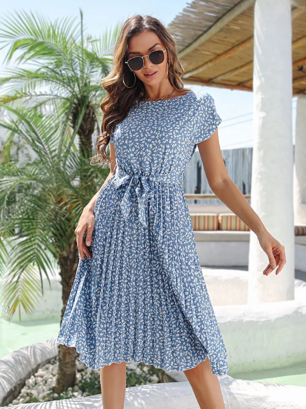 

Dress for Women 2026 Summer New Casual Fashion Women's Short Sleeve Fragmented Flower Lace Up Waist Pleated Dress Sweet Beauty