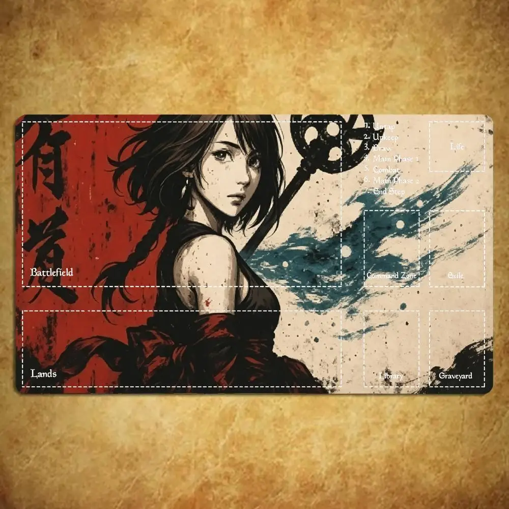 Vintage Ink Samurai AnimeGirl Large Extended Game Playmat Non-Slip Rubber Stitched Edges For Trading Card Game Gaming Desk Setup