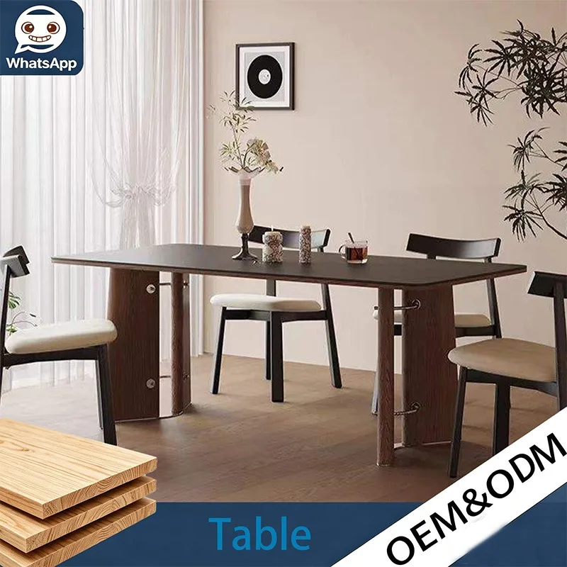 Nordic Rectangular Ceramic Stone Dining Table Set, Solid Wood Legs 6 Seater Wooden Dinner Furniture for Household Restaurant