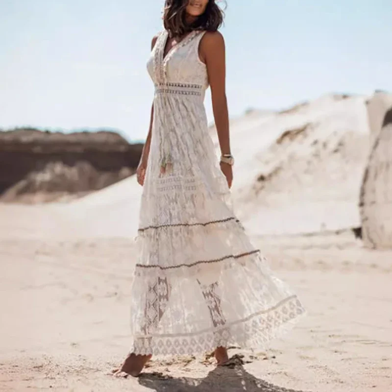 

Comfortable And Casual Dress V-Neck Lace Stitching Sleeveless Dress Long Skirt Spring And Summer Holiday Style Women's Dress