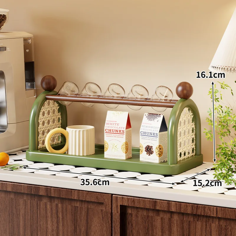 2 Tier Vintage Rattan Cup Storage Rack Countertop Coffee Mug Organizer with Glass Holder for Kitchen Bar Kitchen Organizer view 5