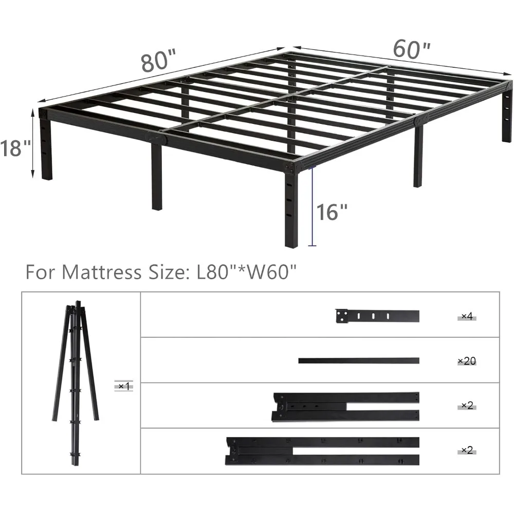 Queen Bed Frame 18 Inch, Heavy Duty Metal Platform with Steel Slats, No Box Spring Needed, Black