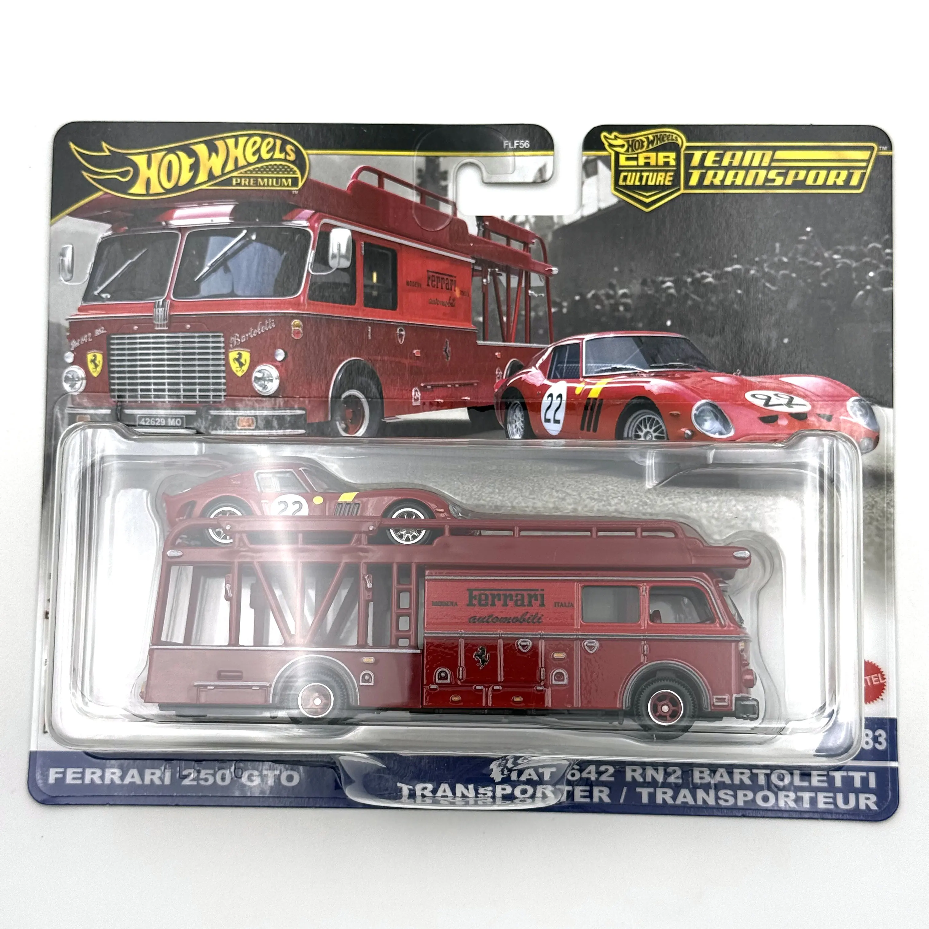 

Коллекционные модели автомобилей Hot Wheels: Ferrari 250 GTO и Fiat 642 RN2 Bartoletti Transporter, масштаб 1/64, металлические литые модели, игрушечные машинки FLF56
