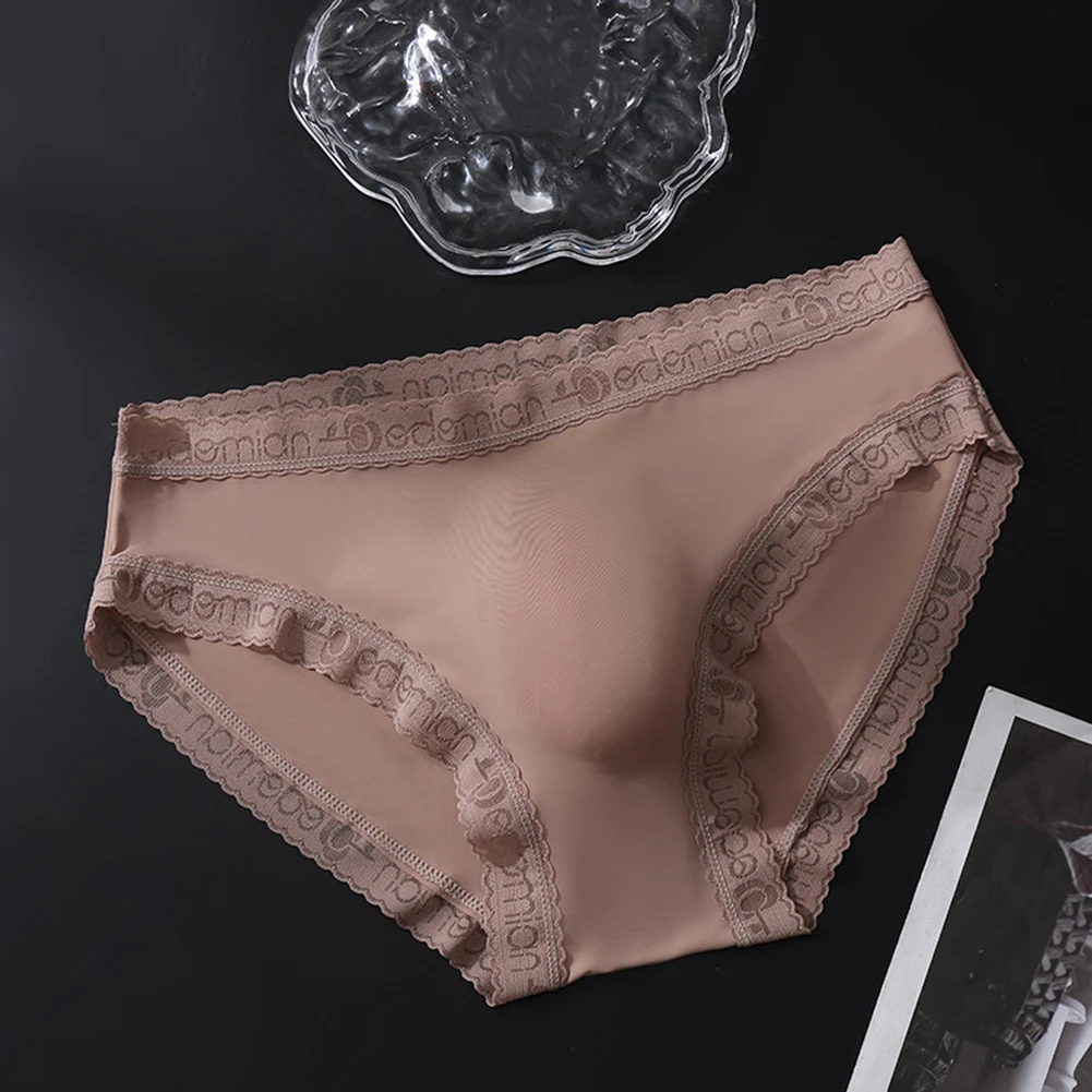 Men Sexy Lace Ultra-thin Lingeries Sexy Hot Seamless Ice Silk Briefs Adult Underwear Sissy Bulge Pouch Panties Men's Underpants