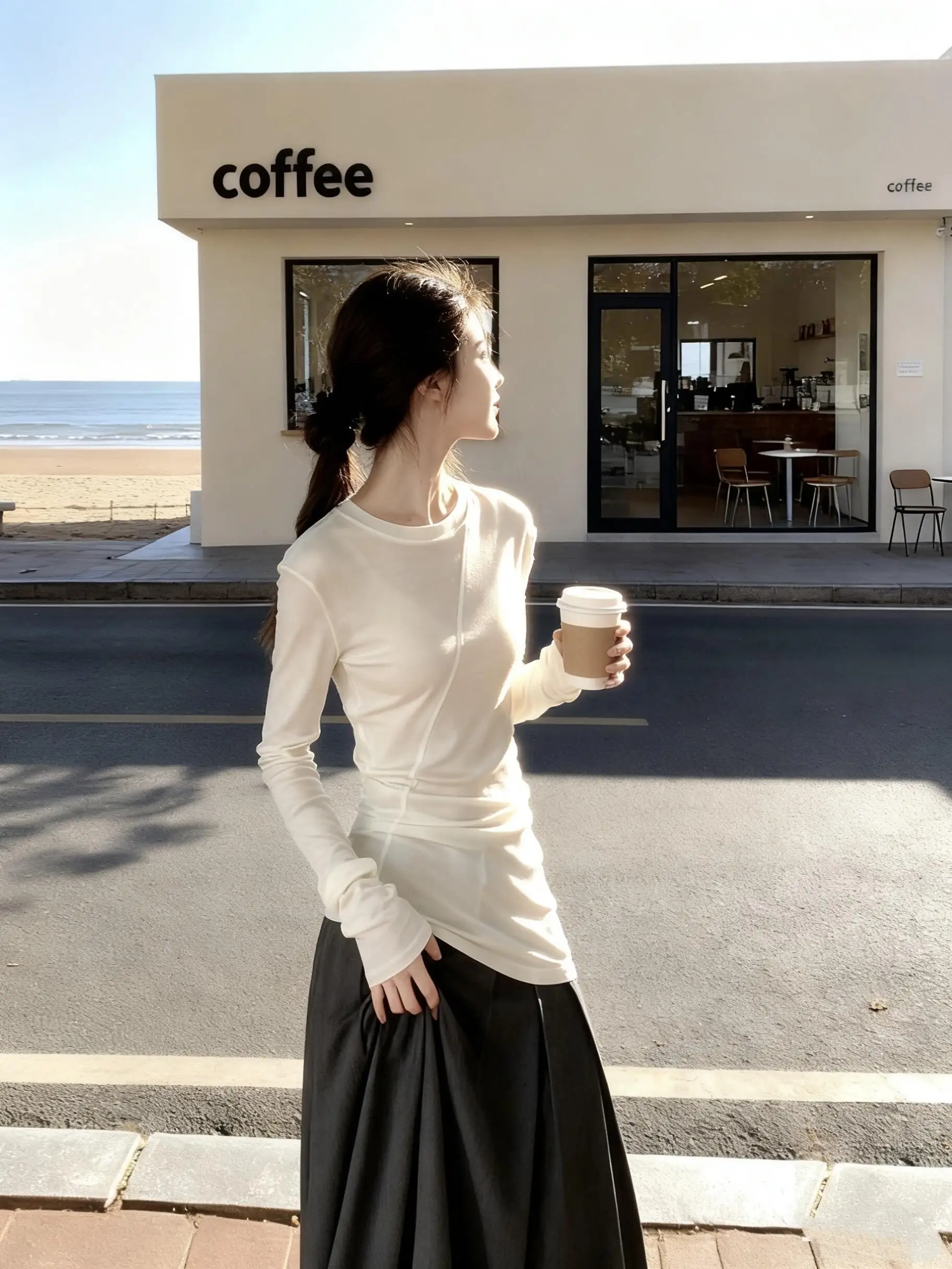 Damska bluzka na jesień i zimę, asymetryczny krój, dopasowany krój, styl koreański.