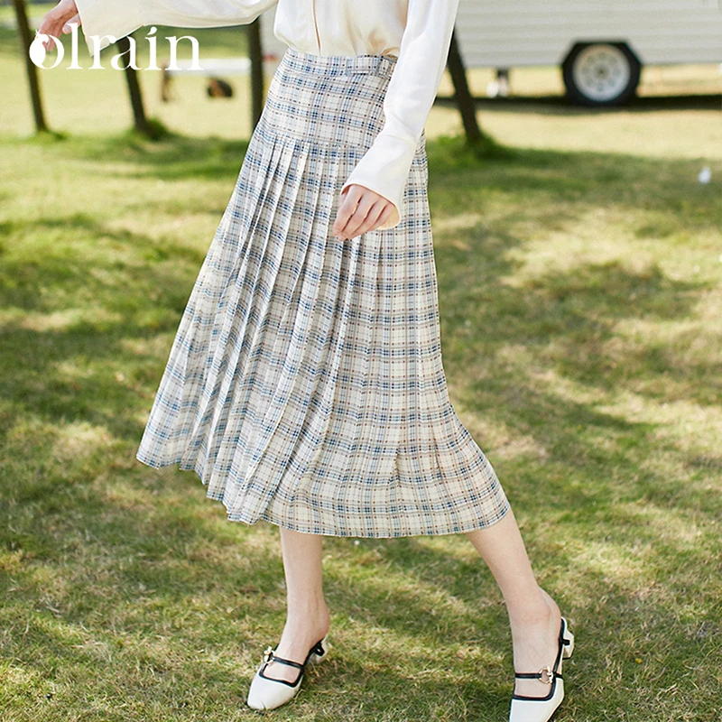 

OLrain Plaid Skirts Women Spring 2026 Preppy Style A-line Pleated Elegant Chiffon Print Midi Skirt for Ladies Clothes S9CQB18096