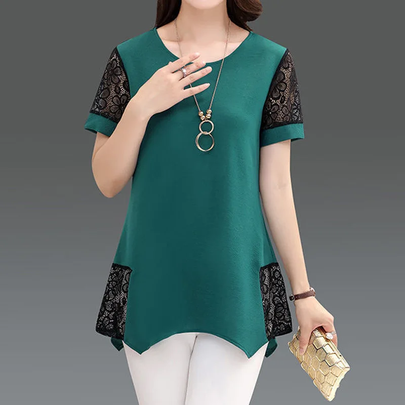 Summer New Lace Patchwork Short Sleeve Plus Size T Shirt Tops Solid Loose Versatile Pullovers Casual Fashion Women Clothing