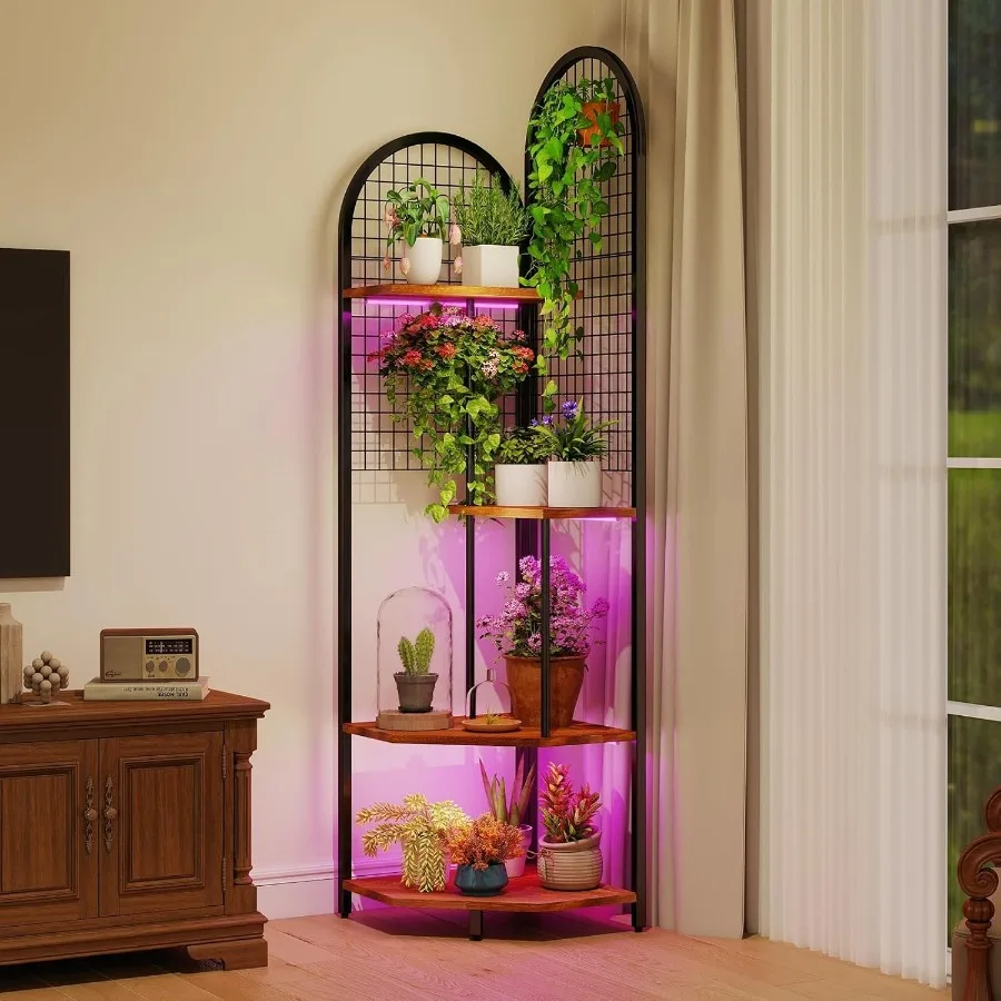 حامل نبات زاوية كبير مقاس 63 بوصة مع 4 مصابيح مدمجة وألواح شبكية سلكية للنباتات الداخلية 3 ألوان بإضاءة كاملة الطيف
