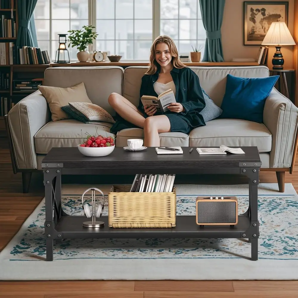 طاولة قهوة خشبية صناعية حديثة بطبقتين، 40 سطح طاولة طويل وسميك، إطار معدني، أسود