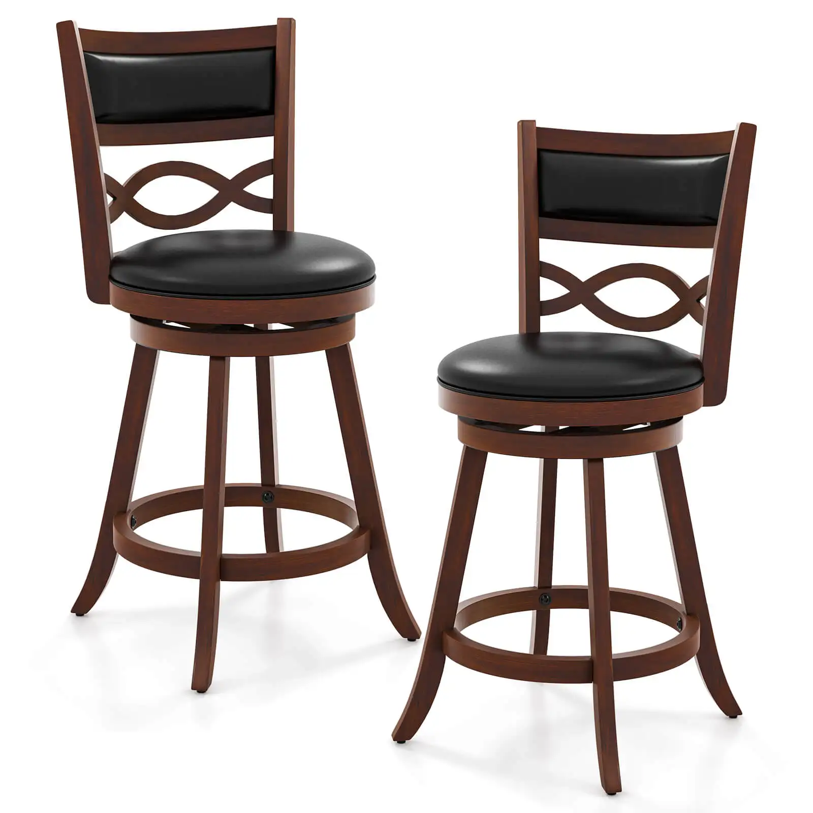 24 Inch Bar Stools Set of 2 w/ Rubber Wood Frame Faux Leather Upholstered Seat