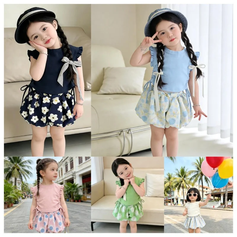 

Sweet summer outfit for girls2026New stylish laceTT-shirt, bloomers, skirt, fashionable children's two-piece outfit