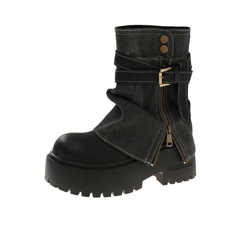 Nowe zimowe botki damskie w stylu punkowym, modne botki z klamrą, damskie, zwięzłe, na grubej platformie, krótkie botki Zapatos De Mujer — 2