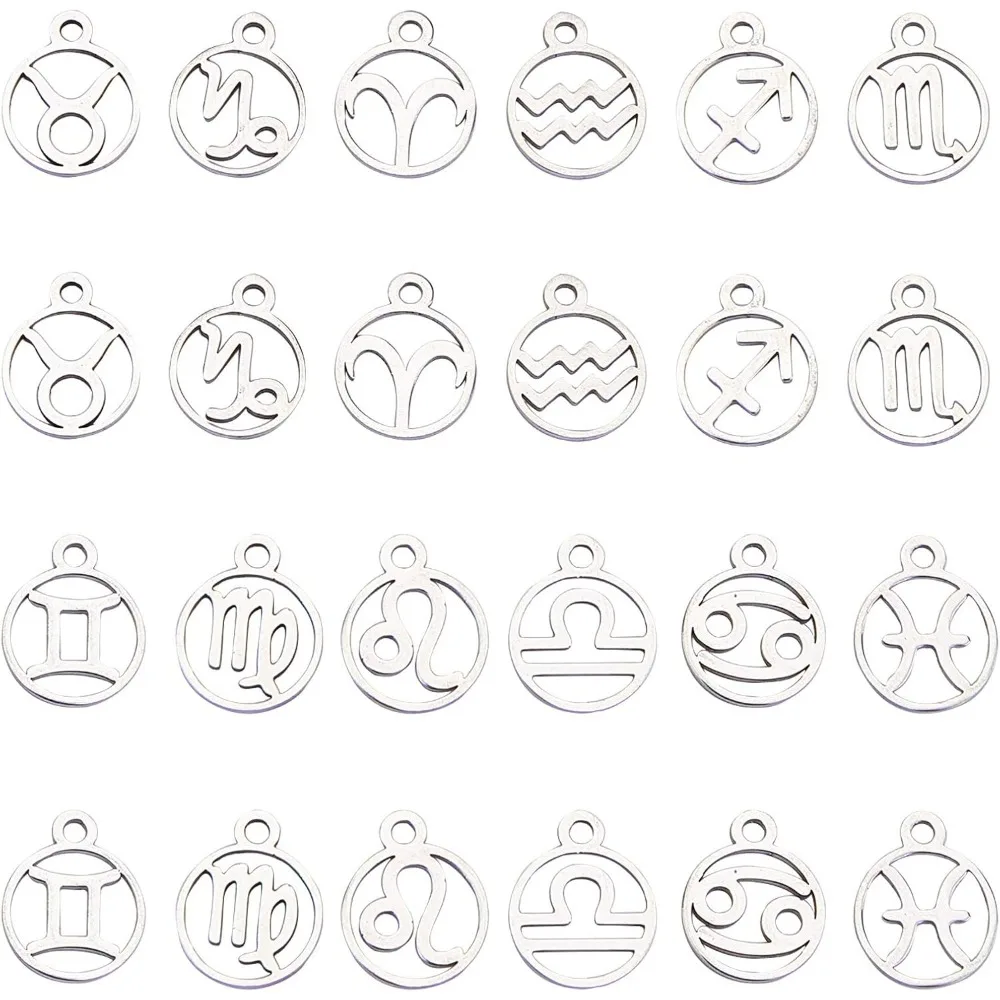 1 Box 24Pcs 12 Constellation Zodiac Signs Charms Flat Round Stainless Steel Charms for DIY Making Bracelets Necklaces