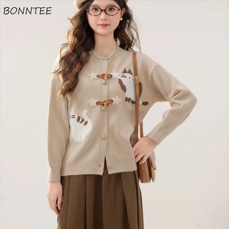 

Horn Button Cardigan Women O-neck Jacquard Long Sleeve Knitted Sweater Autumn Outwear Loose Fit Young All-match Daily Casual