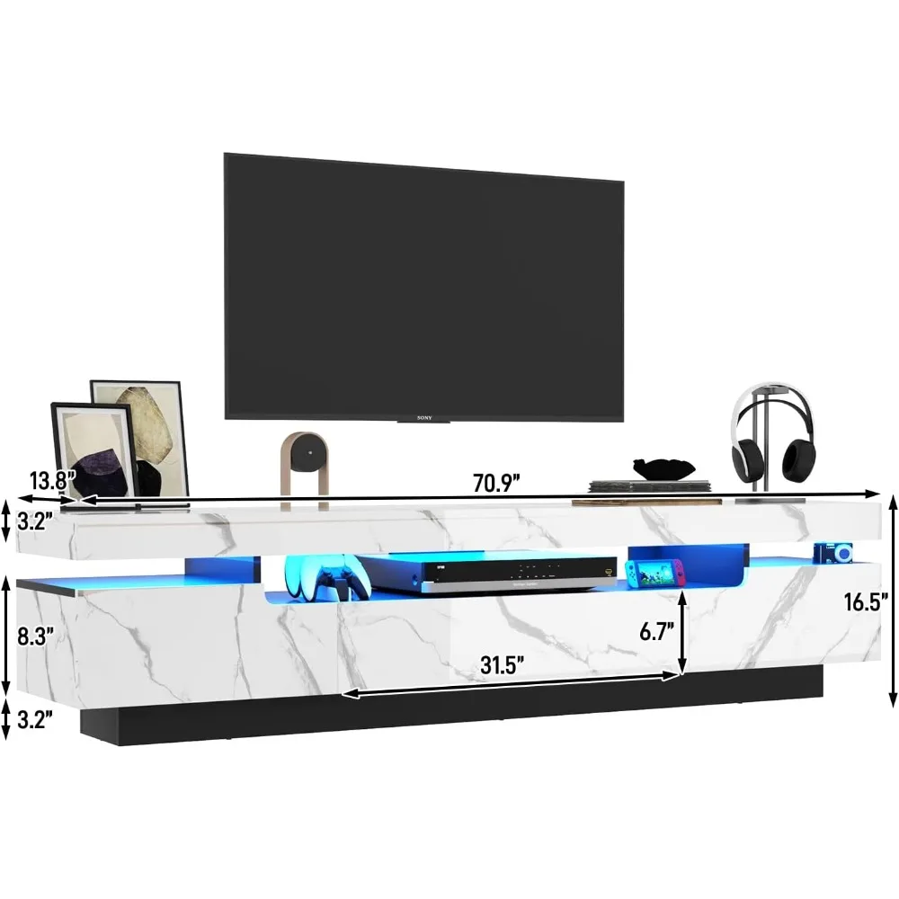 حامل تلفزيون أبيض حديث 70 بوصة لأجهزة التلفاز مقاس 75-80 بوصة، مركز ترفيه عالي اللمعان مع مساحة تخزين لغرفة المعيشة #2