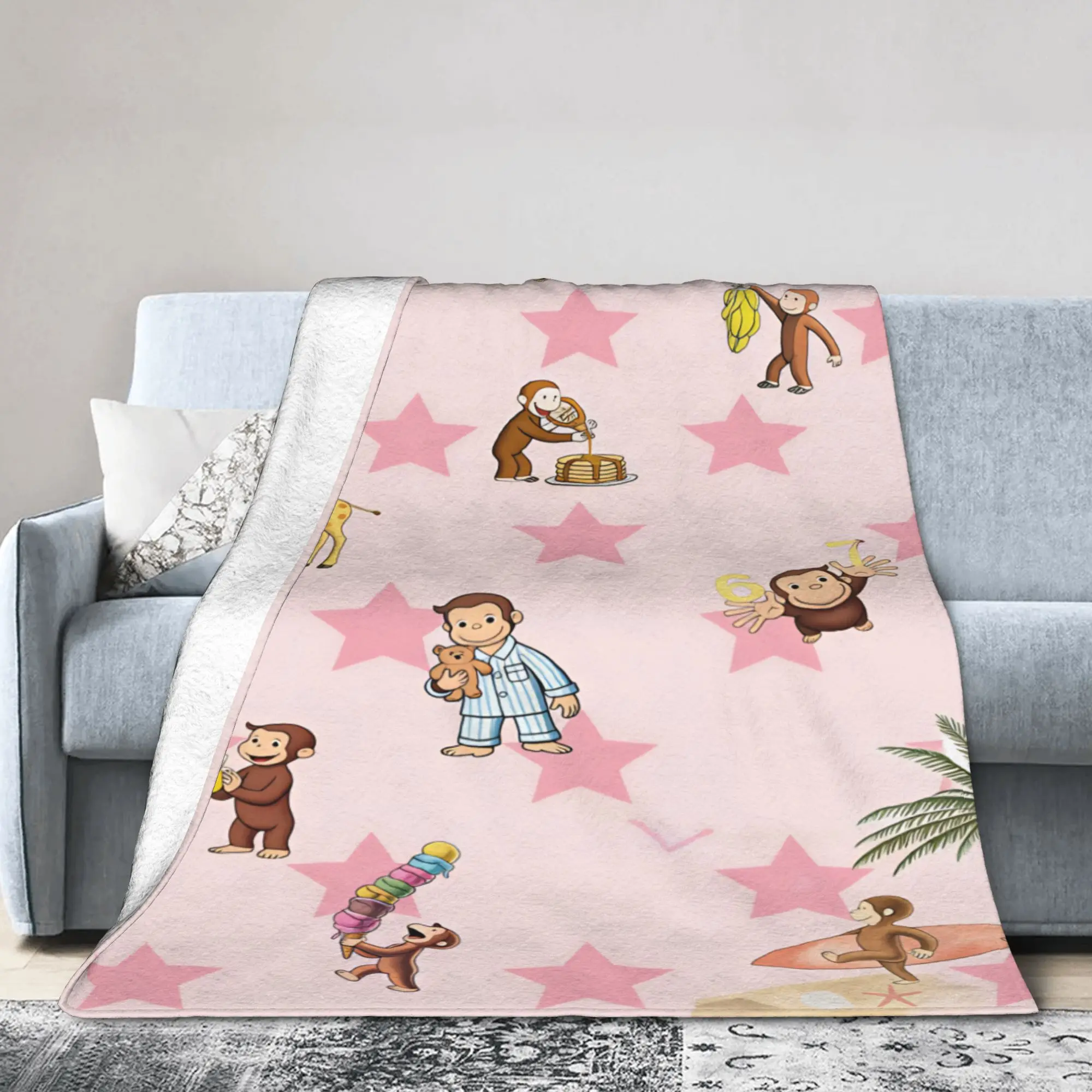 Curious George Pink Star Daily Blanket  Camping Flannel Throw Blanket For Couch Chair Soft Design Quality Bedspread Gift