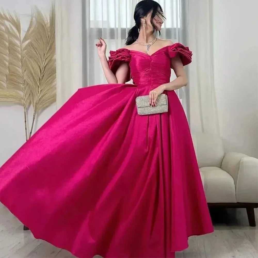 

Formal Party Dress Elegant Solid Color V Neck Backless Prom Gown A-line Off Shoulder Evening Dresses Pleat Vestido De Novia