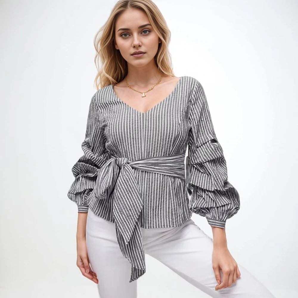 Colorblock Plaid Spliced Bowknot Shirt For Women V Neck Puff Sleeve Patchwork Folds Elegant Pullover Blouses Female