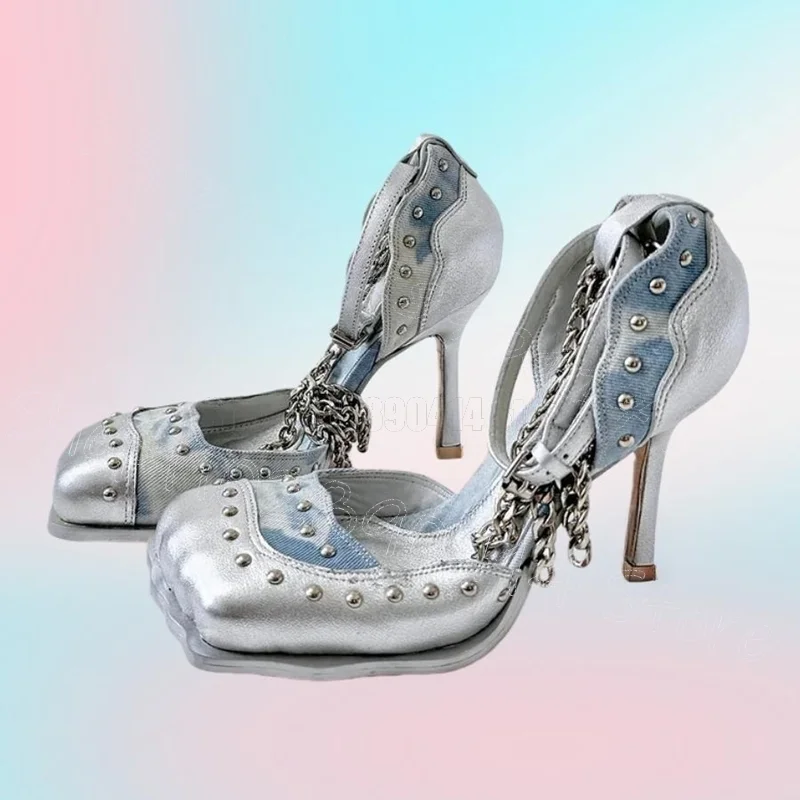 

Silver Rivets Chain Denim Patchwork Pumps Buckle Strap Women Shoes Thin High Heels Square Toe New Party 2026 Zapatos Para Mujere