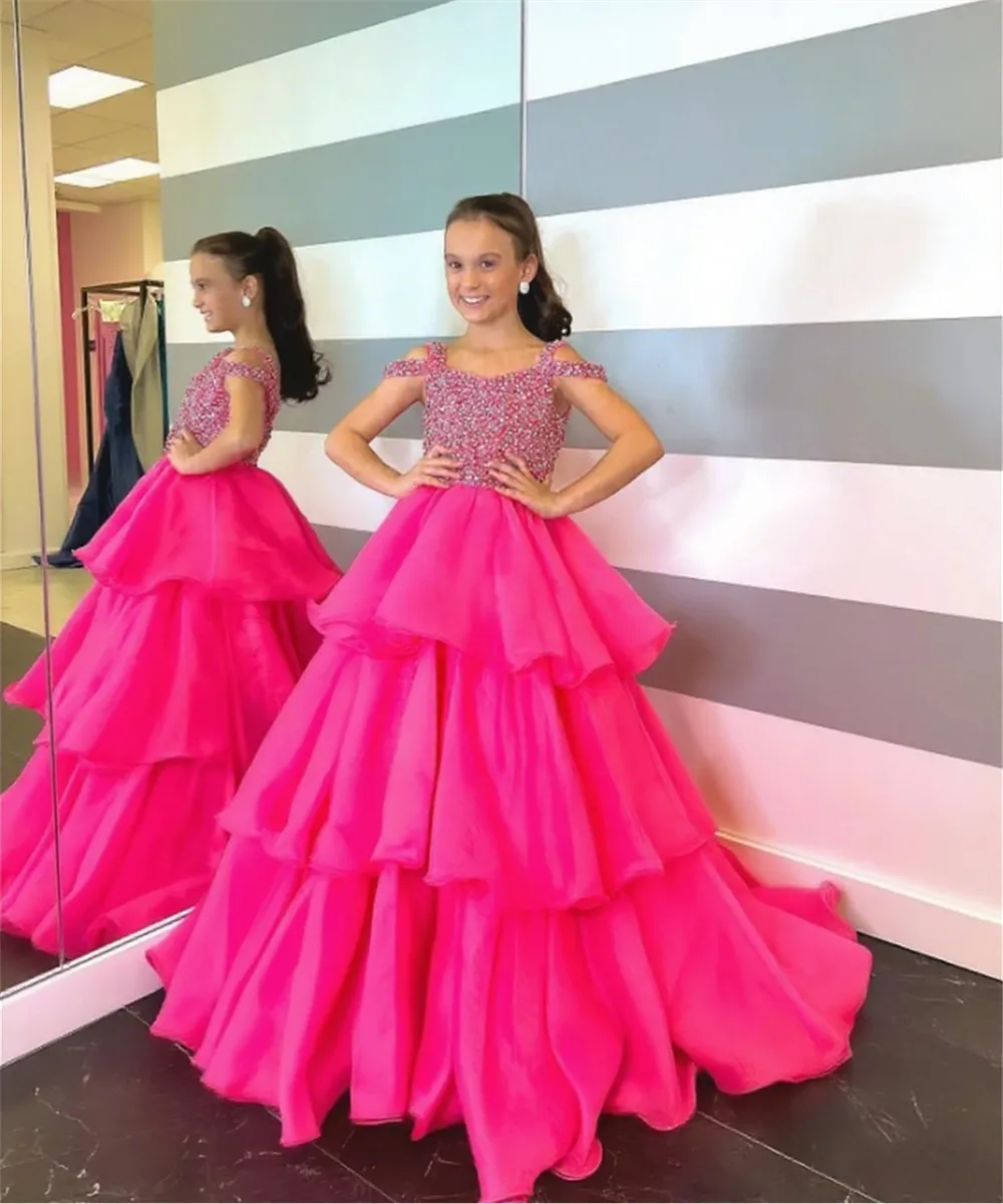 

Luxurious Customized 2025 Flower Girl Dress For Wedding Sequins Puffy Beaded Tiered Princess Birthday Party First Communion Gown