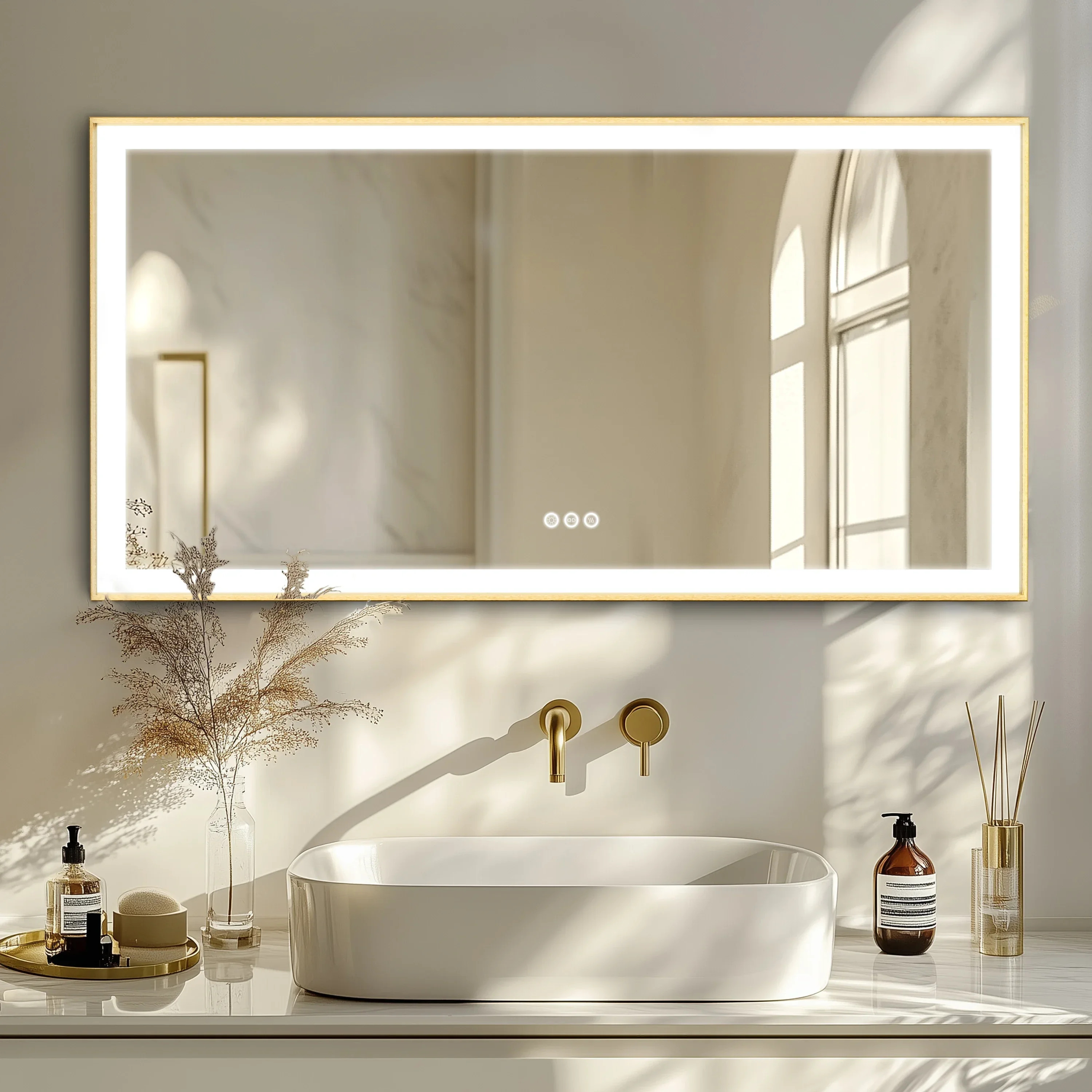 

#For Wisfor Bathroom Vanity Mirror with Light Gold Lighted Mirror Rectangular Gold Aluminum Frame 3 Colors Defog Dimmable CR