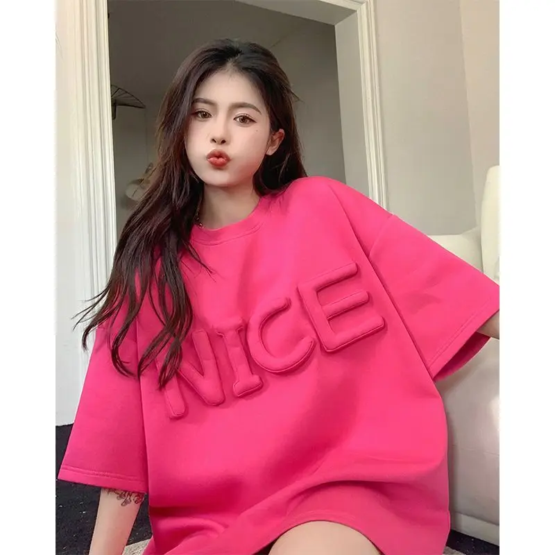 Summer New Trend All-match Tops Tees Short Sleeve Solid O-neck Loose Plus Size Letter T Shirts Fashion Casual Women Clothing