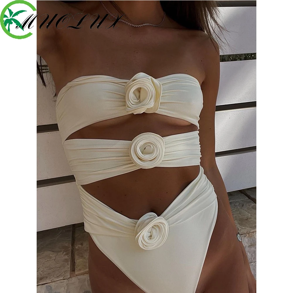 

MUOLUX 2024 3D Flower Swimwear Solid Bikini Women Swimsuit Pleated Design Halter Sexy Monokini Beachwear Bathing Suit Bikini Set