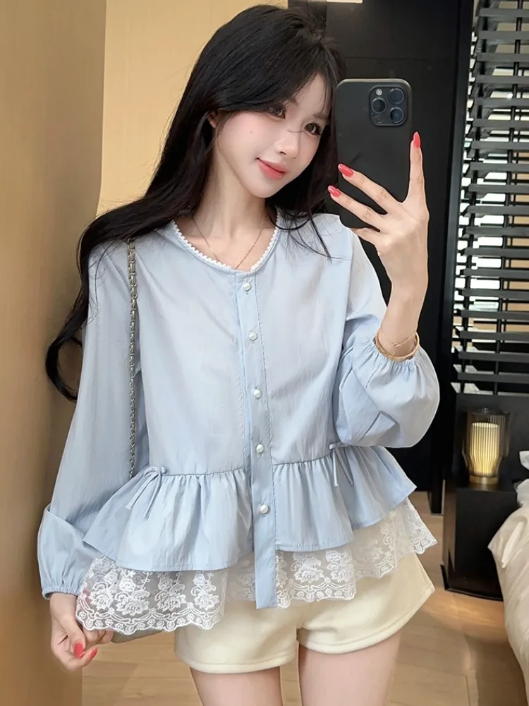 

Blue Lace Splice Hem Shirt Women's Spring Summer New Unique Beautiful Gentle Top Waist Inward Blouse French Style Standard Ve...