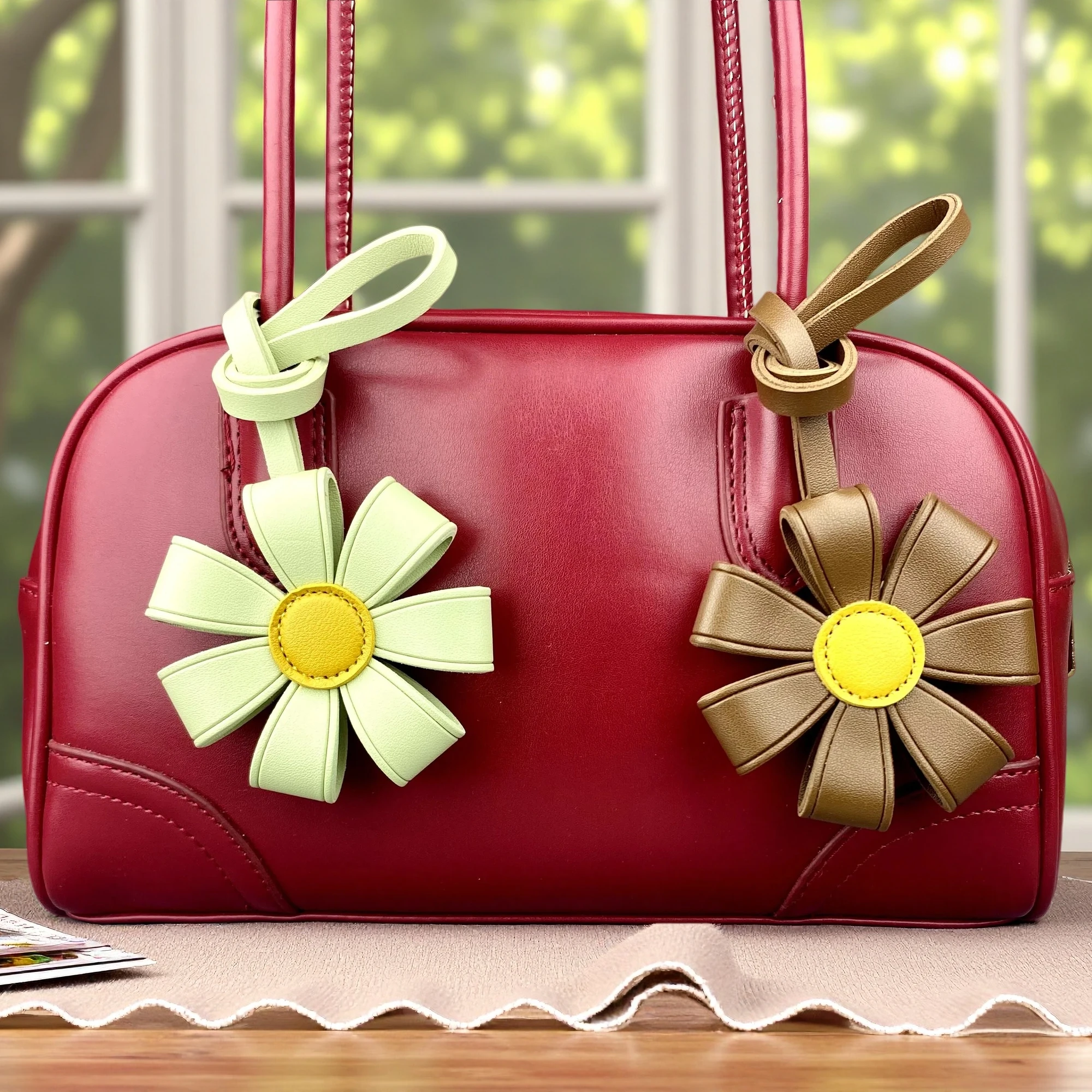 Thick PU Leather Sunflower Keychain Bag Charm,Chunky Floral Bag Charm with Healing Cute Design for Purses and Backpacks-Boho/Y2K