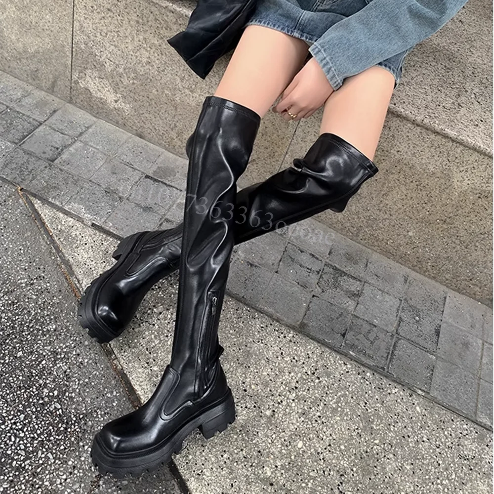 

Black Thigh High Boots Muffin Bottom Round Toe Shoes for Women Matte Leather Fashion Biker Shoes 2024 Zapatos Para Mujere