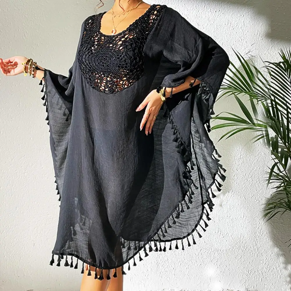 Women Beach Bikini Cover Up O-Neck Half Sleeve Fringed Hollow Loose Fit Swimsuit Dress Solid Color Loose Fit Cover Up Dress