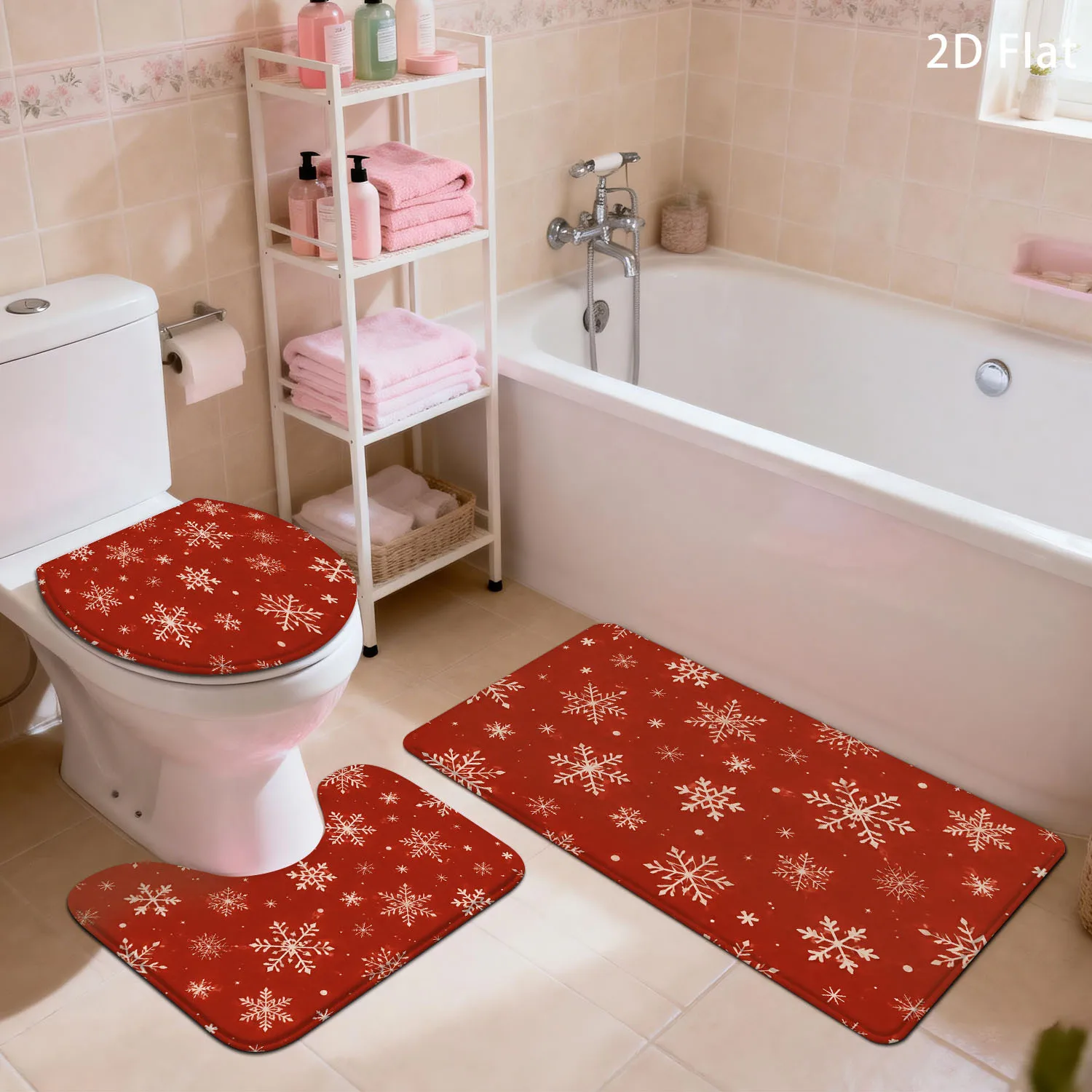 2D Flat Red Snowflake Christmas Bathroom Mat Set, 3pcs, Winter Snow Pattern, Home Decor for Bathroom