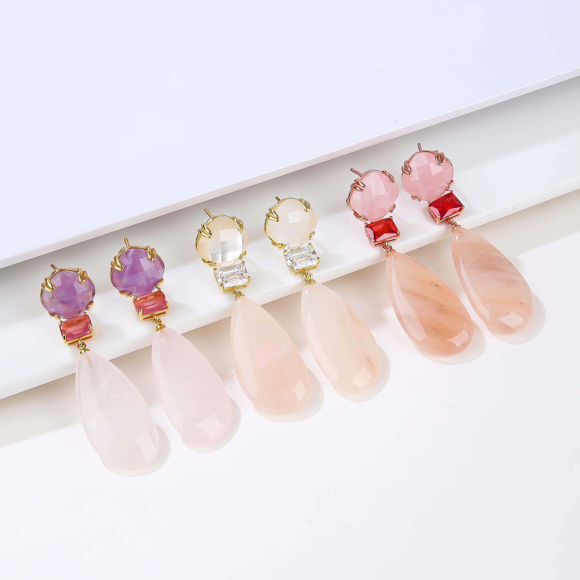 

New Arrival 3 Mark Rose Gold Plated Shell Stud Earring High Quality Vintage Natural Pink Aventurine Gemstone Trendy Drop Design