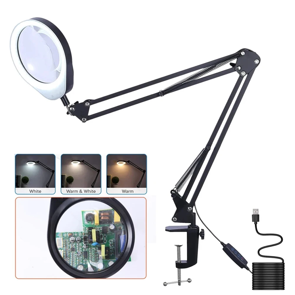 10X 20X Foldable Magnifying Glasses With 3 Colors LED Light Soldering Tool Desk Clamp USB Magnifier Welding Reading Table Lamp